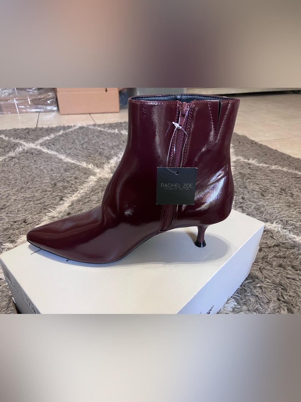Rachel Zoe Burgundy Patent Leather Ankle Bootie with Kitten Heel